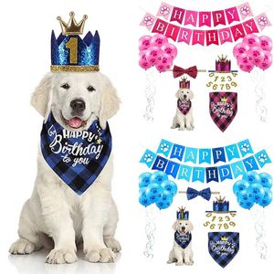 Vêtements pour chiens, accessoires de fête d'anniversaire pour animaux de compagnie, chapeau avec numéro, nœud papillon, écharpe triangulaire, drapeau, ensemble de ballons, accessoires de décoration, harnais