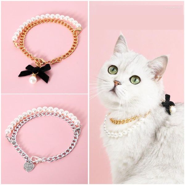 Ropa para perros, collar para gatos, cadenas de perlas para gatitos con colgante de corazón, Collar enjoyado para accesorios de cadena de cuello pequeño