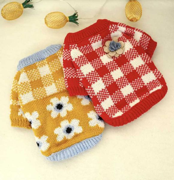 Ropa para perros Mascota Gato Primavera y otoño Oso de peluche Ropa de belleza Red White Grid Turmeric Rose Flower Sweater