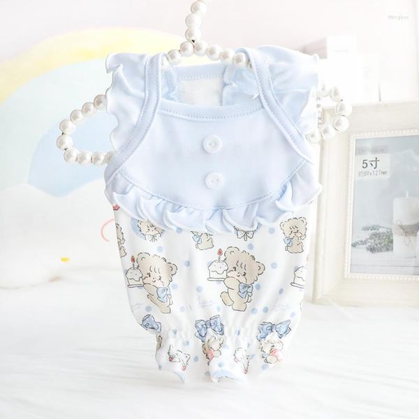 Vêtements pour chiens Vêtements pour animaux de compagnie Robe à bretelles à manches volantes pour chiens Vêtements Chat Petit ours de dessin animé Imprimer Mignon Mince Summer Blue Girl Teddy