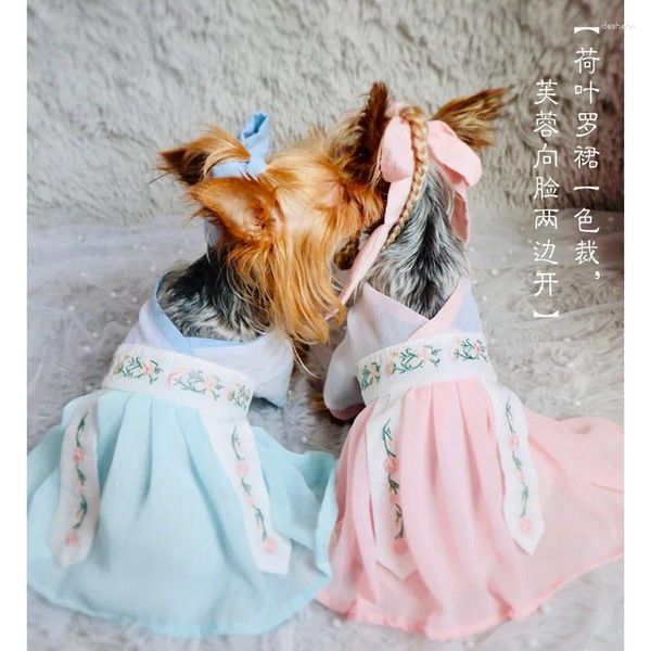 Vêtements pour chiens Vêtements pour animaux de compagnie Han Fu Robe pour chiens Vêtements Chat Petite Fleur Broderie Hanbiuk Jupe Mignon Mince Été Fille Produits 2024