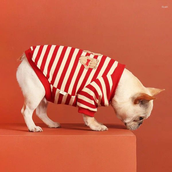 Ropa para perros Ropa para mascotas Puro algodón Rojo Navidad Plus Fleece Cálido Suéter Año Lindo Oso Rayado