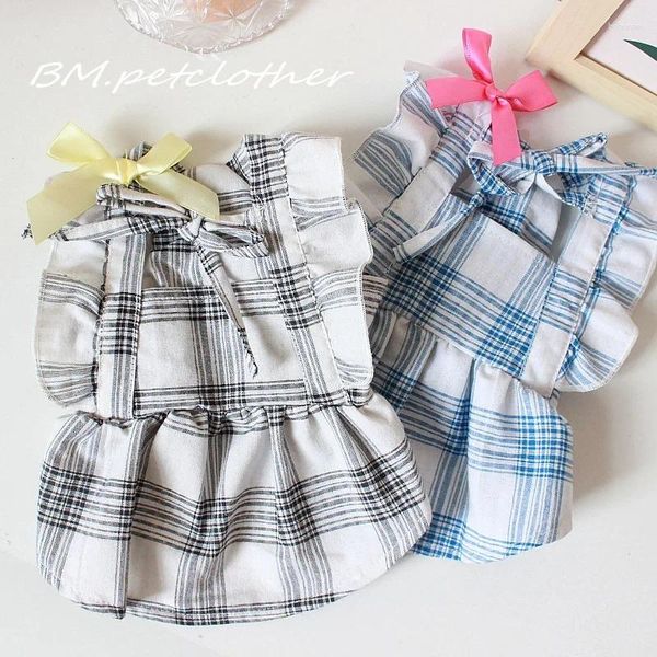 Ropa para perros Ropa para mascotas Vestido vintage europeo para perros Ropa Gato Pequeño Plaid Flying Manga Verano Moda Chica Yorkshire Accesorios