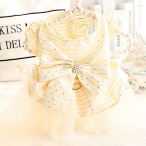 Vêtements pour chiens Vêtements pour animaux de compagnie Plaid Bowknot Jupe pour chiens Vêtements Chat Petite bande jaune Fashion Girl Babysbreath Robe de mariée Yorkshire