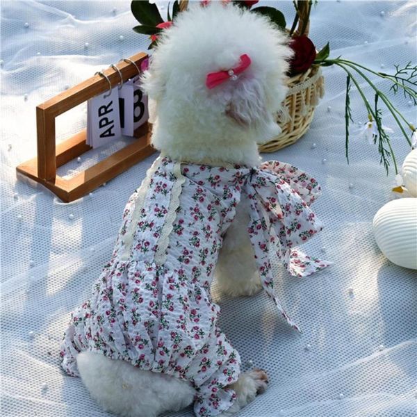 Ropa para perros Traje para mascotas Patrón floral Bowknot Volante-manga Chaleco Cachorro Ropa sin mangas Decoración