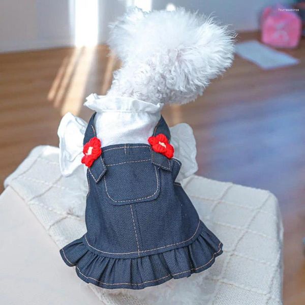 Ropa para perros Vestido de mezclilla para mascotas Cómodo Cuello de pie suave Decoración de flores Dobladillo con volantes Gato Verano Ropa diaria