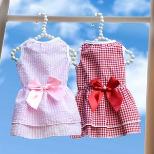 Vêtements pour chiens robe pour animaux de compagnie vêtements pour chiots à rayures à carreaux printemps été respirant Chihuahua bouledogue français Teddy Perro Costume robes de chien pour petits chiens fille fantaisie rose rouge