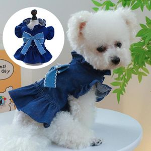 Vêtements pour chiens Robe pour animaux de compagnie Élégant Denim de charme avec de grandes manches à volants Bowknot Tenue mignonne pour chiens chats