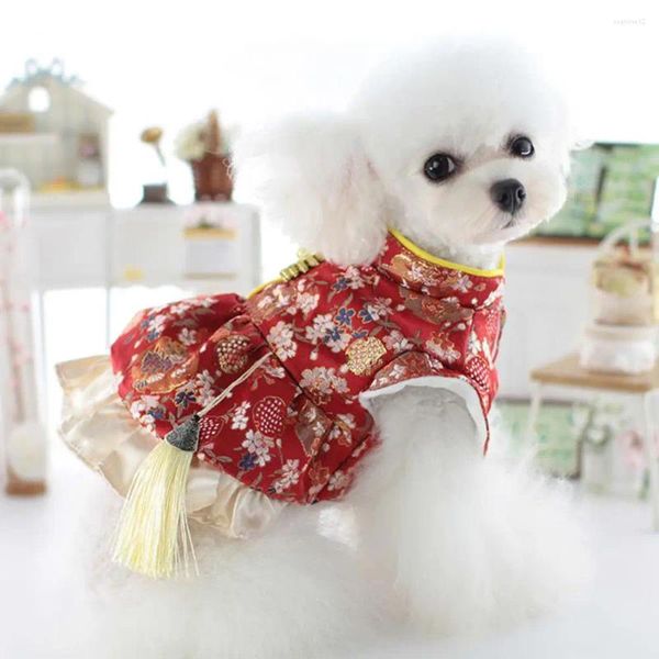 Vêtements pour chiens Robe pour animaux de compagnie Costume Tang Costume d'hiver Costume d'hiver Boucles élégantes Décoration de pompon Noël pour les festivals Vêtements quotidiens