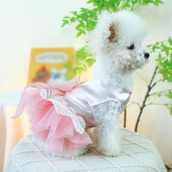 Ropa para perros Vestido para mascotas con diamantes de imitación Decoración de arco encantador Princesa Moda Malla Empalme Boda