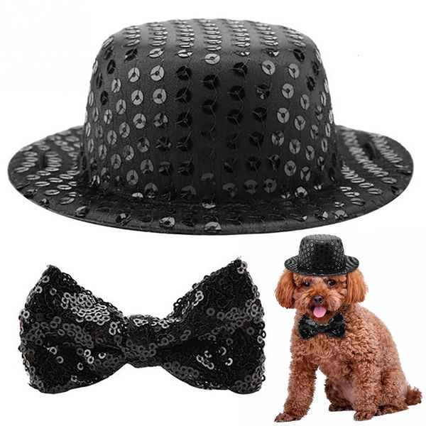 Ropa para perros Festival de mascotas Fiesta Lentejuelas negras Sombrero de copa Pajarita Decoración Conjunto Bowtie Moda Lentejuela ajustable con 230923