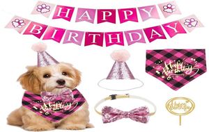 Ropa para perros Mascota Feliz cumpleaños Banner Sombrero Corona Bowtie Cake Topper Bandana Pañuelo Fiesta Decoración Suministros4187037