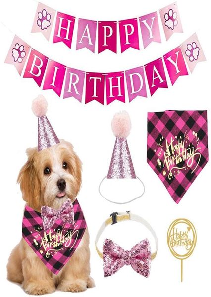 Vêtements de chien Pet Joyeux anniversaire Bannière Chapeau Couronne Bowtie Cake Topper Bandana Foulard Party Decor Supplies7286709