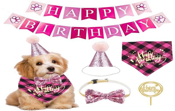 Vêtements de chien Pet Joyeux anniversaire Bannière Chapeau Couronne Bowtie Cake Topper Bandana Foulard Party Decor Supplies4187037