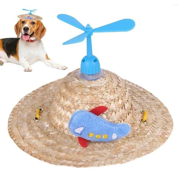 Appareils pour chien chapeau de compagnie chat et paille en bambou libellule cowboy corde réglable d'été