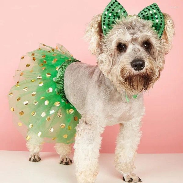 Appareils pour chiens Pet Irish Party Costume Sequin Bow Hair Hoop With Shamrock Print Mesh Tulle Tutu A-Line Jupe pour chien / chat
