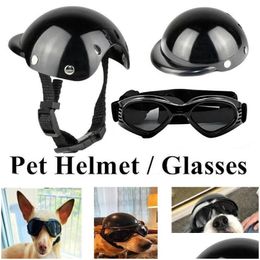 Hondenkleding Pet Motorfiets Helmet Set Pets Zwarte hart Vorm Bril Passen Kleine/Medium Honden Goggles Hoed Speelgoed Supplies Cat Accessoires Dr Dhopc