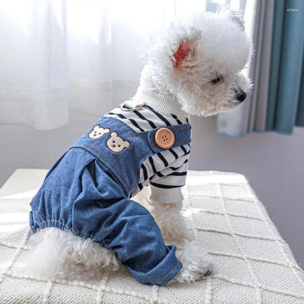 Ropa para perros mascota en general cuello redondo adorable con anillo de tracción patrón de oso de dibujos animados gato denim mono ropa perro xs-xl