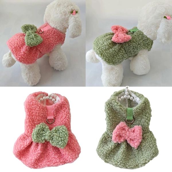 Vêtements de chien Robe de princesse pour animaux de compagnie Vêtements d'automne et d'hiver Jupe courte en peluche Bow Gilet mignon avec crochet Chihuahua