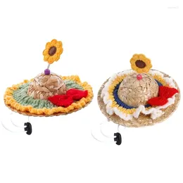 Ropa para perros mascota sombrero de paja sombreros con flores de punto accesorio de fiestas de correa de la barbilla ajustable para perros pequeños cachorros 87ha