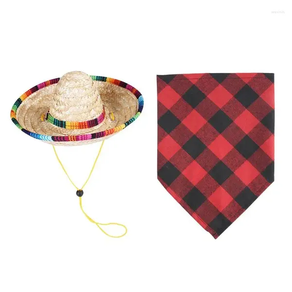 Vêtements pour chiens Chapeau de paille pour animaux de compagnie Casquettes Sombrero drôles Ensemble de serviettes mexicaines Lavable Écharpe de chat Accessoires Décorations de fête à carreaux