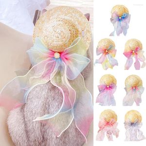 Vêtements pour chiens Chapeau de paille pour animaux de compagnie Ultra-léger Style de nœud papillon Casquette de chat Sun Faux Pearl Design Fournitures légères