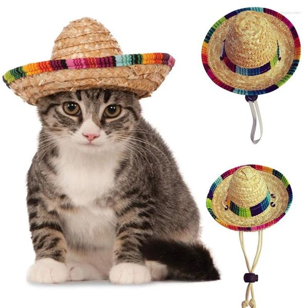 Chapeau de pare-soleil en paille pour animaux de compagnie, vêtements pour chiens, corde en coton réglable, casquettes décoratives pour chats, protection solaire de voyage en plein air, fournitures de tricot