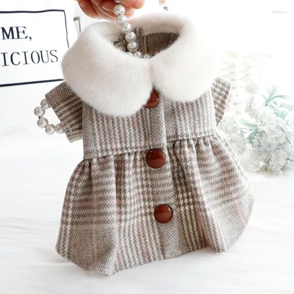 Robe de tissu en laine à carreaux pour chiens pour chat et col en fourrure blanche jupe chaude vestige de compagnie gris princesse automne hiver