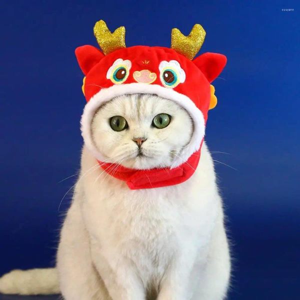 Vêtements de chien en peluche tête de dragon chapeau d'animal de compagnie cornes 3D broderie visage année chinoise festival de printemps chaud chat cosplay costume couvre-chef