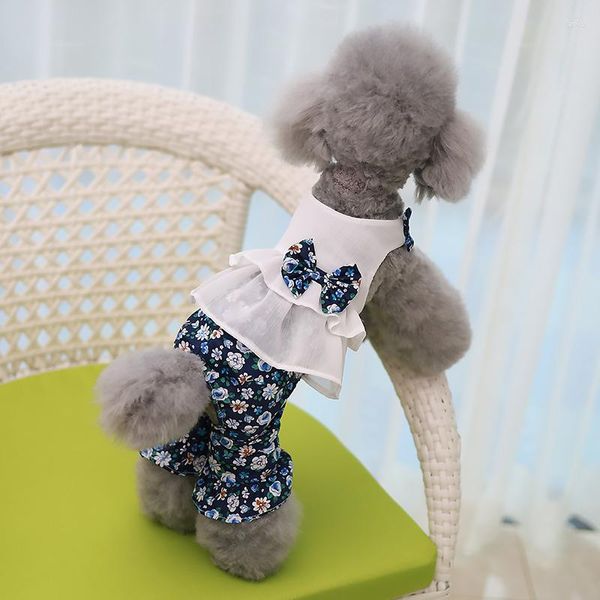 Ropa para perros Estampado de flores Monos Ropa para mascotas Ropa para perros de cuatro patas Gato Pequeño Lindo Delgado Primavera Verano Niña azul Yorkshire