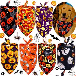 Vêtements pour chiens Chiot Triangle Saliva Écharpe Squelette Citrouille Imprimé Bandana Chiens Foulard Halloween Fournitures Pour Animaux De Compagnie W-00994 Drop Delive Dh37R