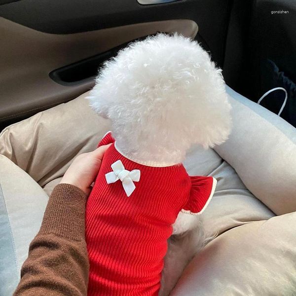 Vêtements pour chiens Chemise à manches rouges Flutter Vêtements Kawaii Bow Petits chiens Vêtements Chat Mode coréenne Été Mince Doux Mignon Fille Produits pour animaux de compagnie