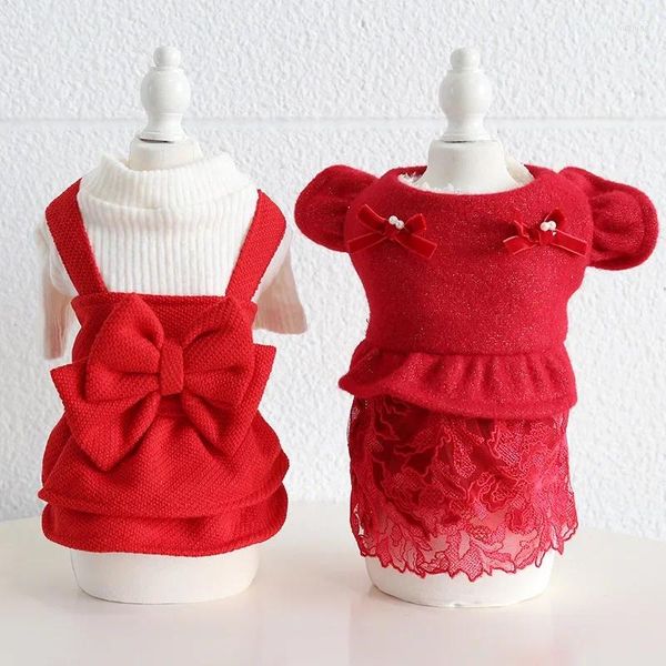 Vêtements de chien Robe de princesse rouge Vêtements Mode Bowknot Dentelle Design Hiver Petits Chiens Vêtements Chaud Épais Mignon Fête Articles Pour Animaux De Compagnie En Gros