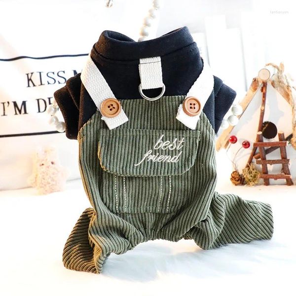 Ropa para perros retro overso verde ropa kawaii botón de bolsillo diseño pana de perros pequeños ropa de gato tracción hebilla de invierno artículos para mascotas