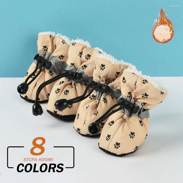 Vêtements de chien Chaussures Chaussures pour animaux de compagnie Automne et hiver Chaussures de pluie imperméables Bottes antidérapantes Chiot Kitty Serrage réglable Garder au chaud 4 pièces / ensemble