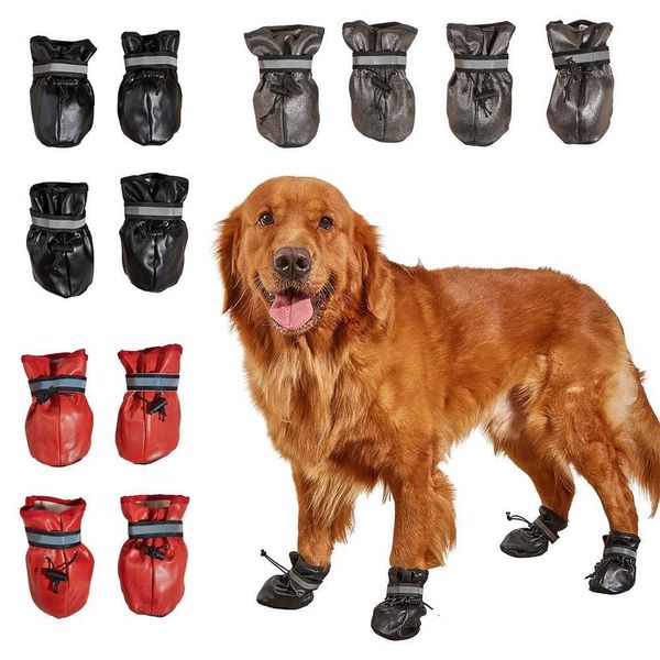 Chaussures de vêtements pour chiens pour grands chiens extérieurs Réflexion imperméable Boots en cuir anti-glip