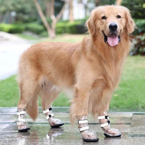 Vêtements pour chiens chaussures imperméables semelles épaissies antidérapantes pluie pour chiens transparents avec bandes réfléchissantes de sécurité à l'extérieur