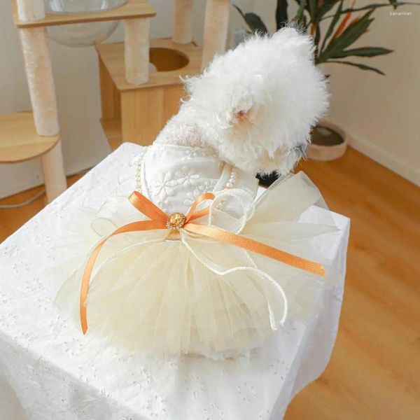 Vestimenta para perros vestida para perros elegante princesa de malla múltiple de múltiples capas con perlas de arcos para pequeños perros medianos desgaste