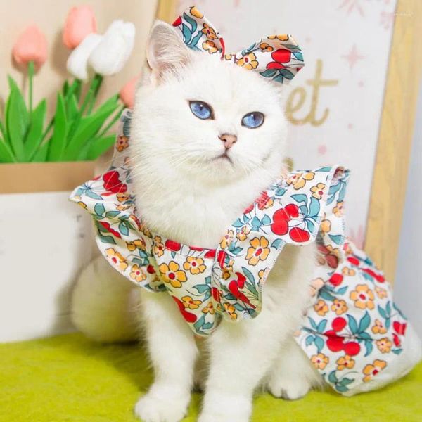 Ropa para perros Mangas Traje para mascotas Exquisito Dobladillo Ropa Princesa Vestido Conjunto con sombrero Flor Impresión Gato Verano para Furry