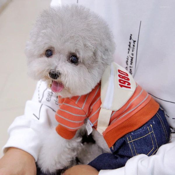 Veste de neige pour chiens épaissis pour les petits chiens en vente Puppy Stripe Pocket Suit avec denim pant