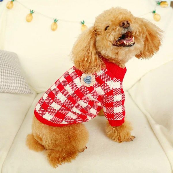Ropa para perros Suéter floral de Navidad suave y cálido Rojo Amarillo Algodón Tela escocesa Suéteres Ropa de invierno para mascota Gato Cachorro Chihuahua Pug