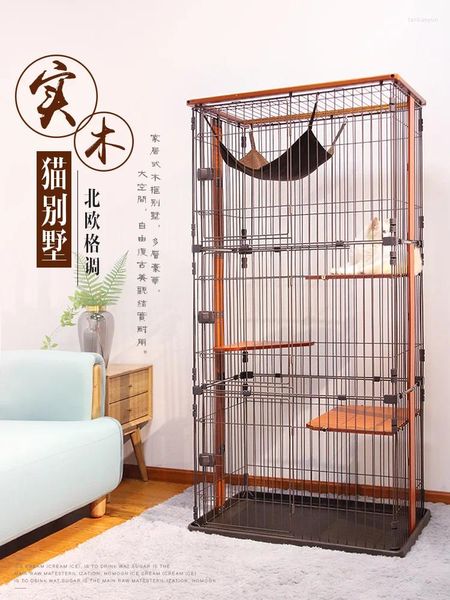 Vêtements pour chiens en bois massif villa cage à trois couches grand espace libre ménage litière intérieure double couche