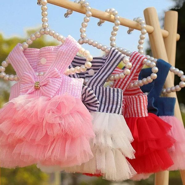 Ropa para perros Ropa de primavera/verano Suministros para mascotas para gatos Vestido de malla con cuello halter a rayas Cachorro