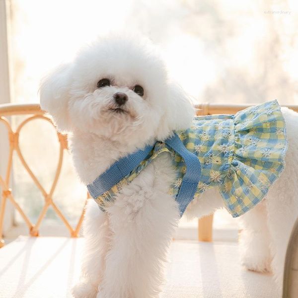 Ropa para perros Vestido de primavera y verano con correa Ropa para mascotas para perros pequeños Gatos Chaleco a cuadros Princesa Arnés y falda de cuerda de tracción