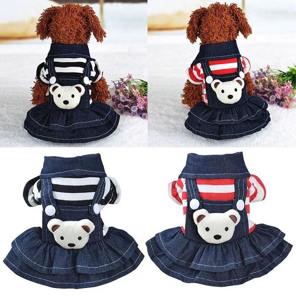 Vêtements pour chiens printemps été vêtements pour animaux de compagnie rayé ours mignon chat sangle jupe en jean chiot chihuahua robes robe en peluche vêtements