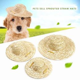 Hondenkleding Straw hoed Zomerproducten Zon Hoeden Capaccessoires voor kleine honden Handgemaakte geweven Hawaii -stijl Verstelbare huisdieren Puppy E