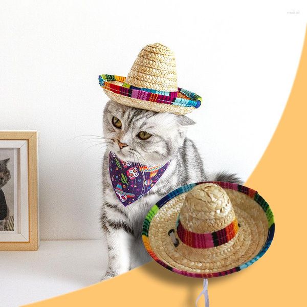 Vêtements pour chiens Paille Sombrero Chapeau mexicain Boucle réglable pour animaux de compagnie Multicolor Cat Beach Party Sun Accessoires