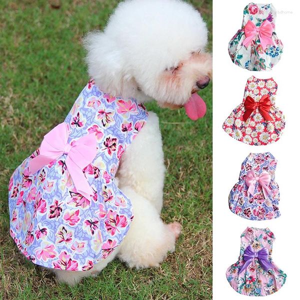 Vestimenta de ropa de perro lindo bowknot peluche chihuahua ropa de estampado floral al aire libre vestidos sin mangas para mascota falda