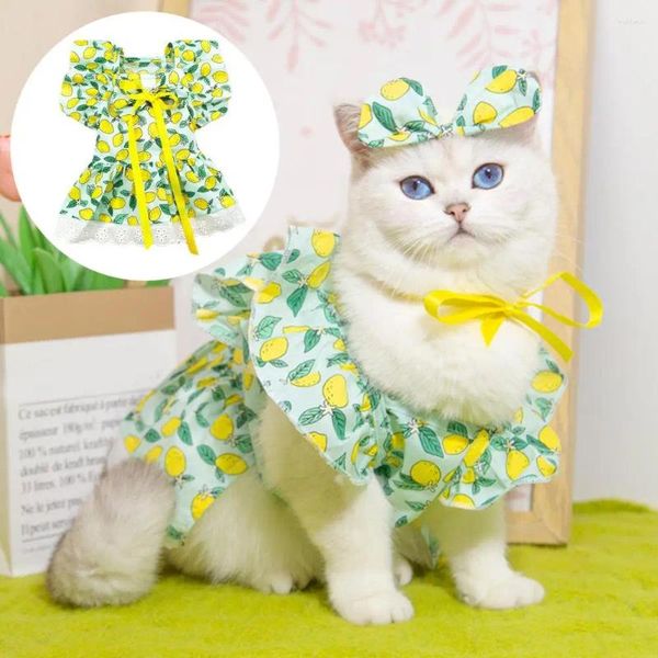 Ropa para perros Vestido de verano Pet Princess Set Mangas de impresión Falda de gato con tocado Ligero Cómodo Toque 3 años