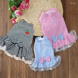 Chien vêtements robe d'été Plaid nœud papillon sans manches robe d'été dentelle bord princesse chiot tenues chat vêtements pour petits chiens fille